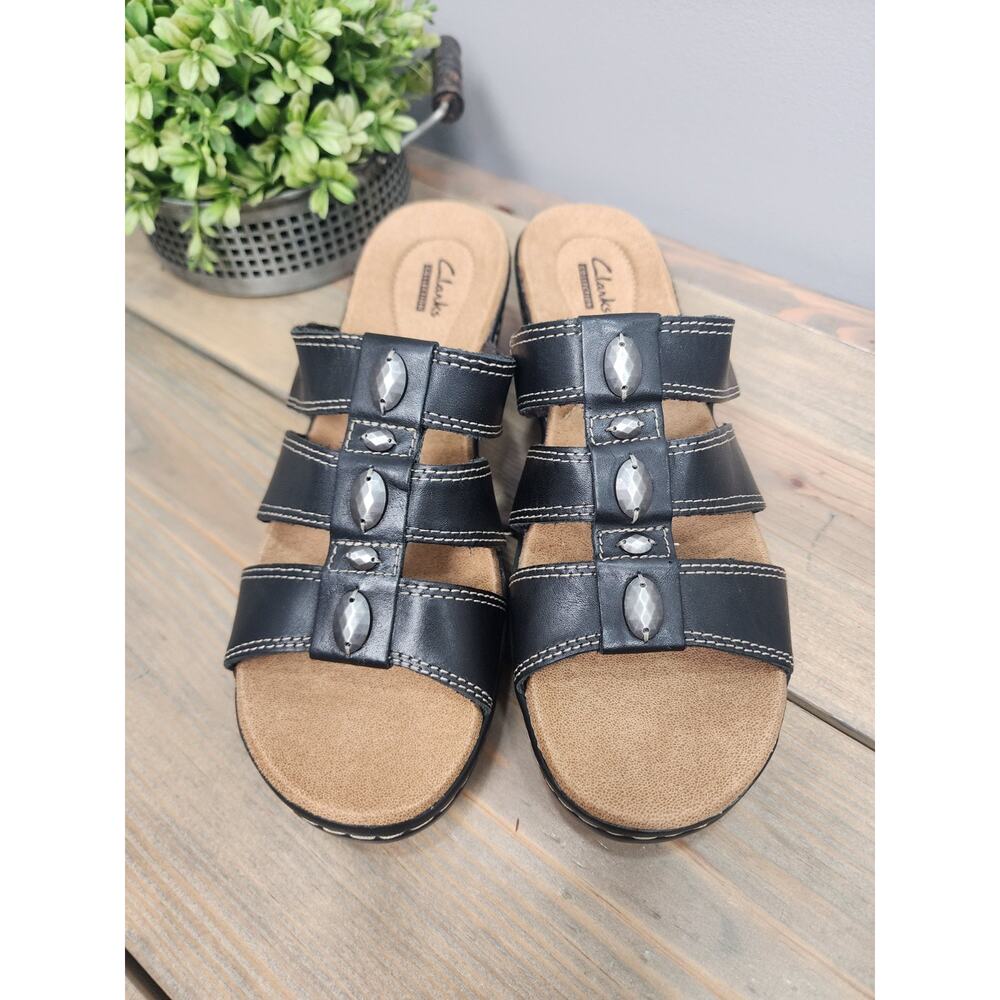 Clarks Collection lightweight black Strappy Slides Slip On Wedge Sandals 8.5 M